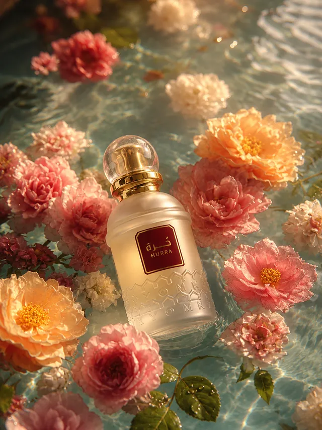 إعلان لعطر بين الورود على سطح الماء، من إنتاج طالبة بالذكاء الاصطناعي